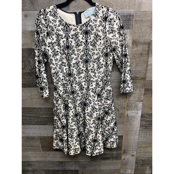Skies Are Blue Dress Small Black Velvet Paisley On Ivory Mini Flare 3/4 Sleeves - Picture 1 of 6